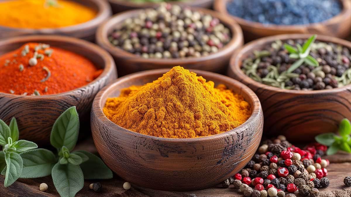 Collection of cancer fighting herbs and spices in large wooden bowls.