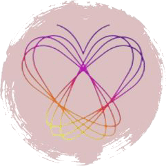 A digital drawing of a heart created by overlapping and intertwining multiple colorful lines, displayed against a pale pink circular backdrop.